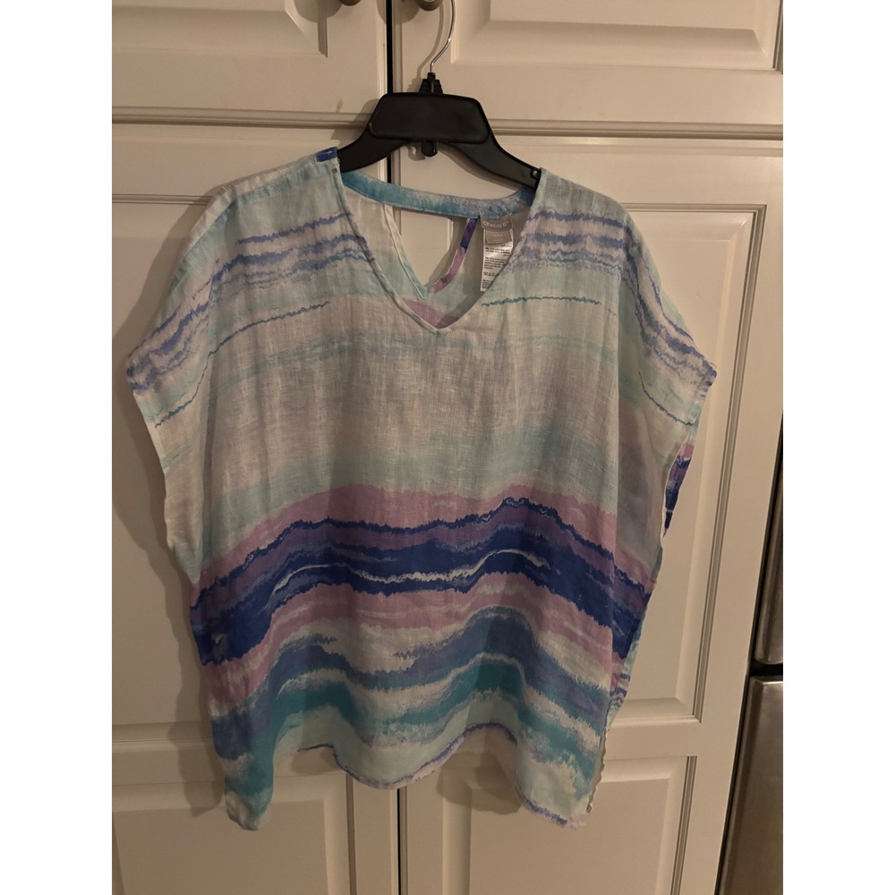 Chicos Linen Blend Abstract Stripe Kaftan Top Tunic Women's S/M